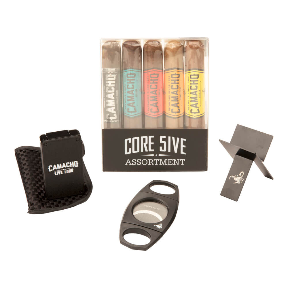 Camacho 5ct Sampler + Lighter, Cutter & Cigar Rest, , jrcigars