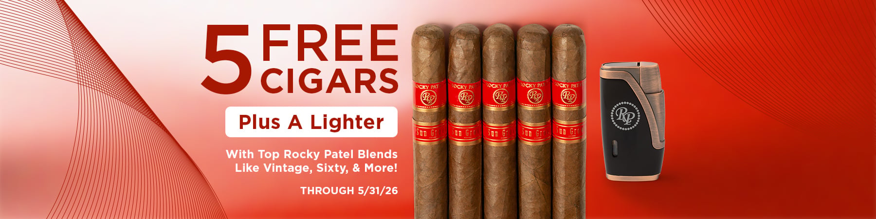 Get 5 cigars and a lighter for free with Rocky Patel purchases