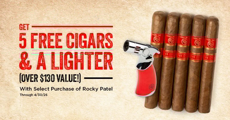 Get 5 cigars and a lighter for free with Rocky Patel Emerald, Sixty, White Label, ALR, Disciple, and SG Maduro purchases
