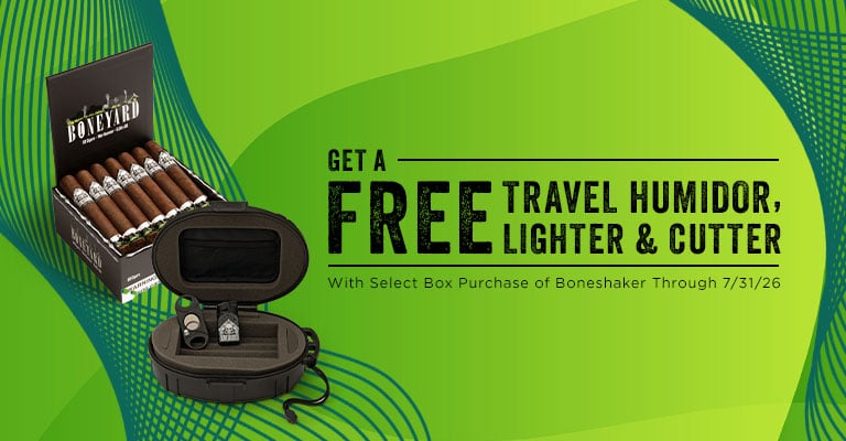 Get a free travel humidor, lighter & cutter select Boneshaker purchases