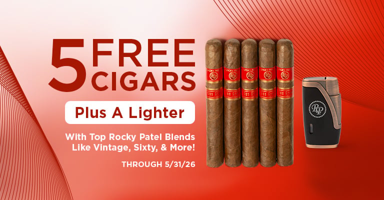 Get 5 cigars and a lighter for free with Rocky Patel purchases